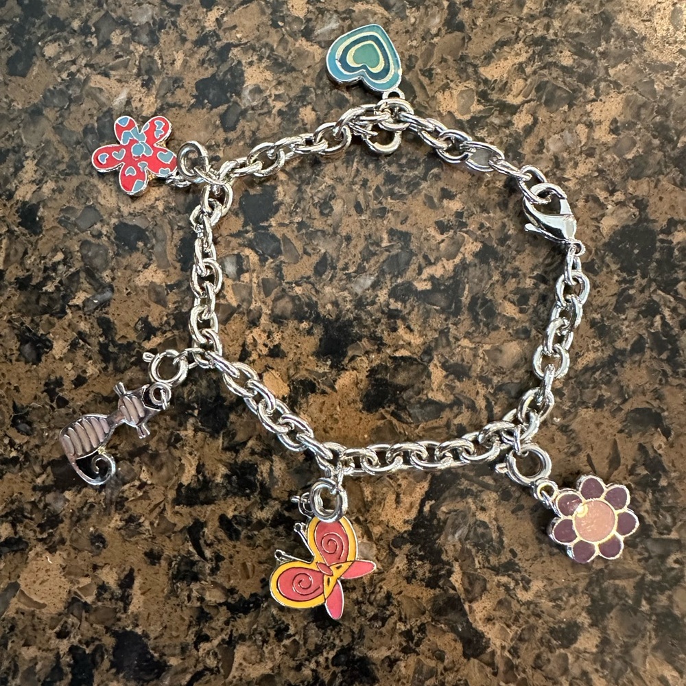 Silver tone Charm Bracelet with Colorful Charms for Youth as 7 inch total size